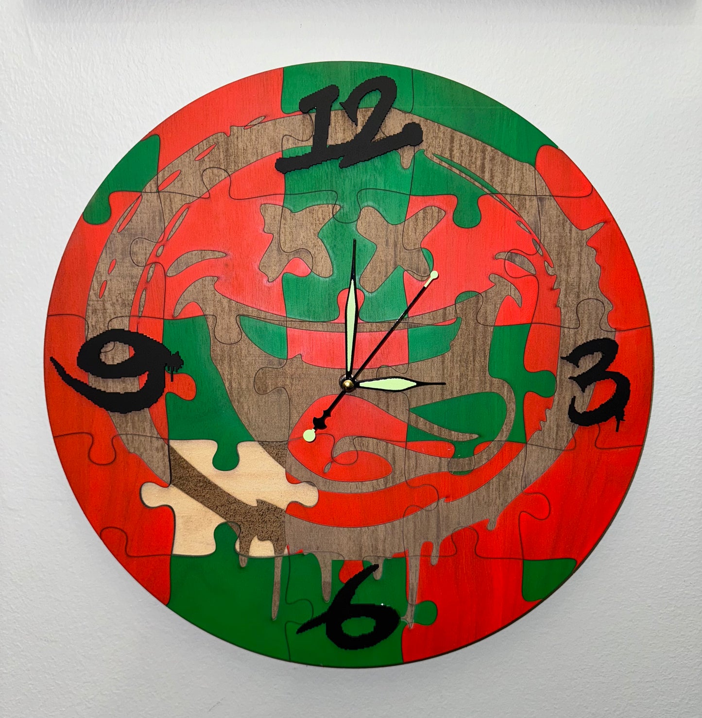 Unique One-Off Puzzle Wall Clock 400mm with silent clock mechanism. Laser cut and engraved. Made by men in recovery. Please support us to support others.