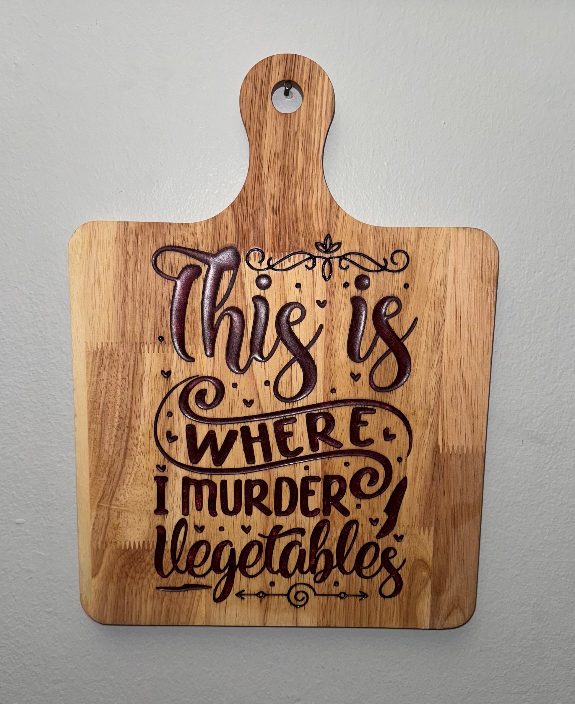 This Decorative Deep Laser Engraved Pine Cutting Board is art on the one side and utility on the other side. Engraved area filled with epoxy. 300mm x 400mm in size. Custom work can be done. Made by men in recovery. Please support us to support others.