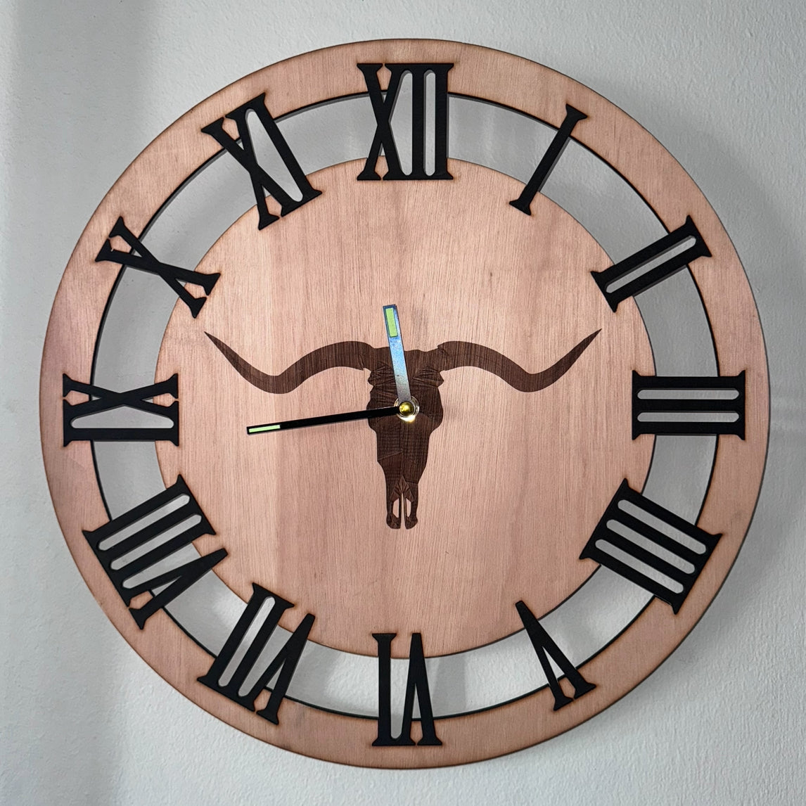 African Themed Wildebeest Laser Cut Wall Clock 400mm with silent clock mechanism. Made by men in recovery. Please support us to support others.