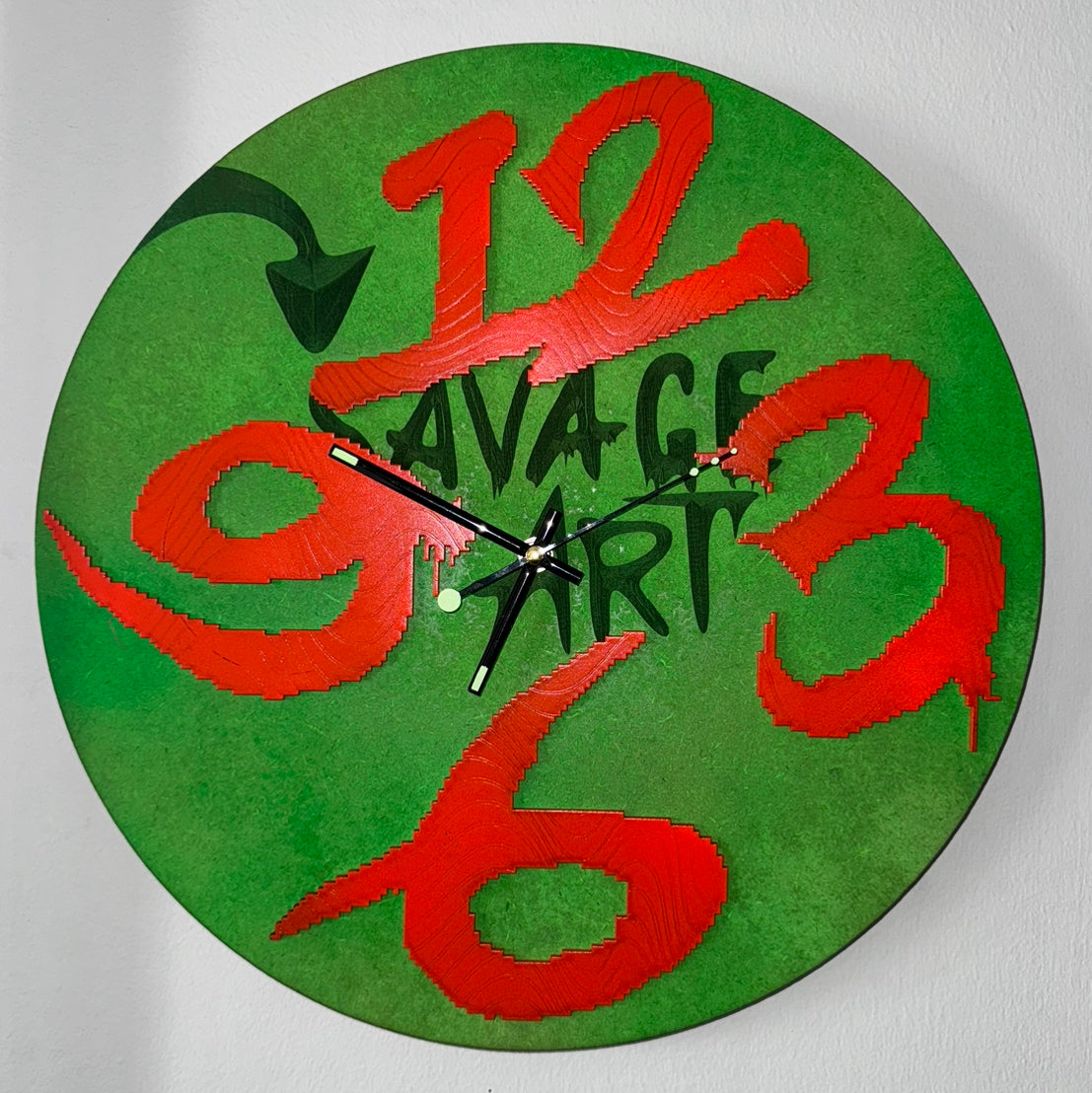 Savage art red and green Laser Cut Wall Clock 400mm with silent clock mechanism. Made by men in recovery. Please support us to support others.