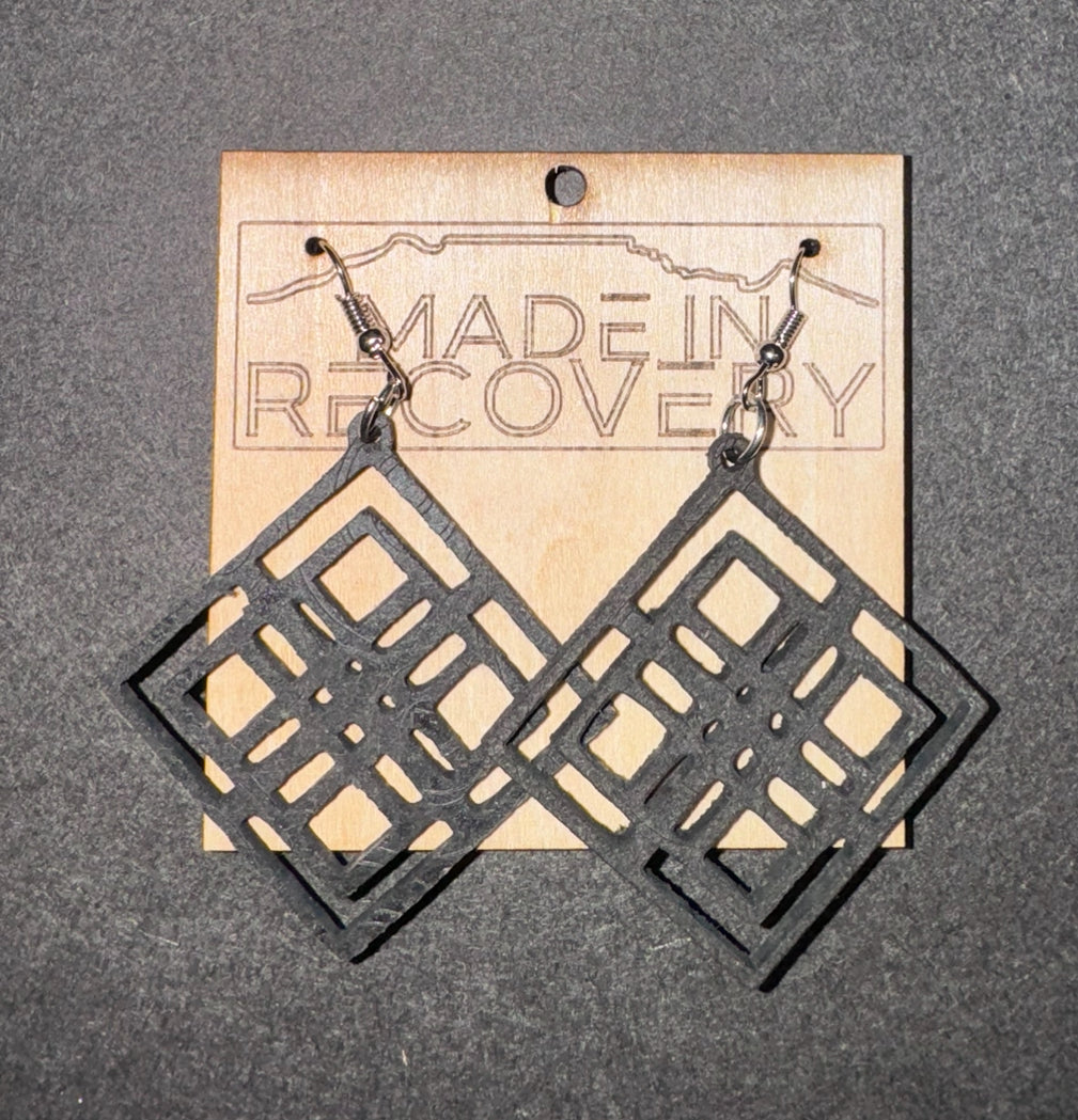 Nickel free laser cut and engraved earrings. Responsible gifting. By buying from us you are supporting men in recovery helping other men off the streets and into recovery. Please support us to support others.