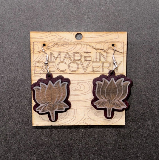 Hindi lotus flower. Nickel free laser cut and engraved earrings. Responsible gifting. By buying from us you are supporting men in recovery helping other men off the streets and into recovery. Please support us to support others.